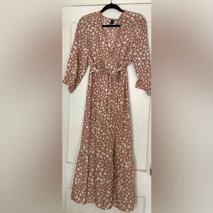SHEIN Brown and White Ruffled Wrap Midi Dress